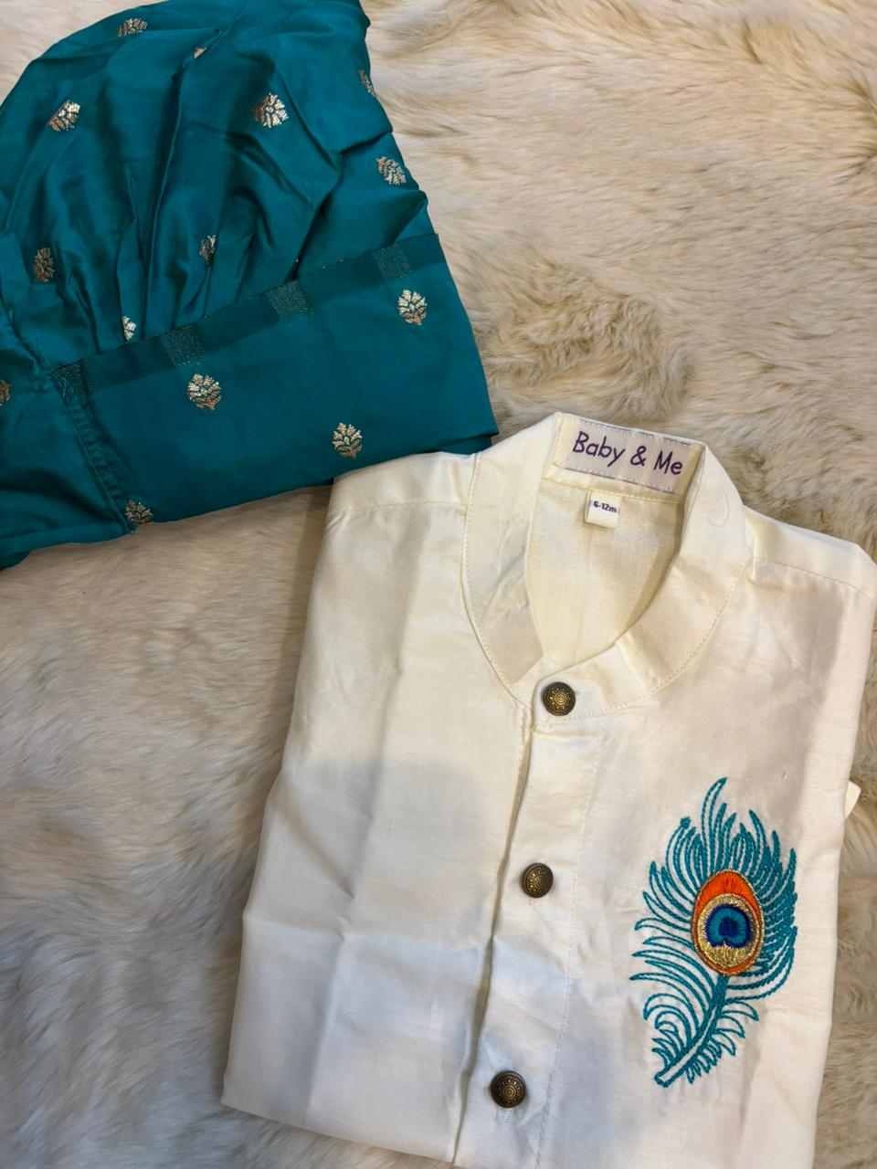 Baby Boy Krishna Dress - White and peacock blue feather embroidered kurta dhoti ethnic dress for baby boy