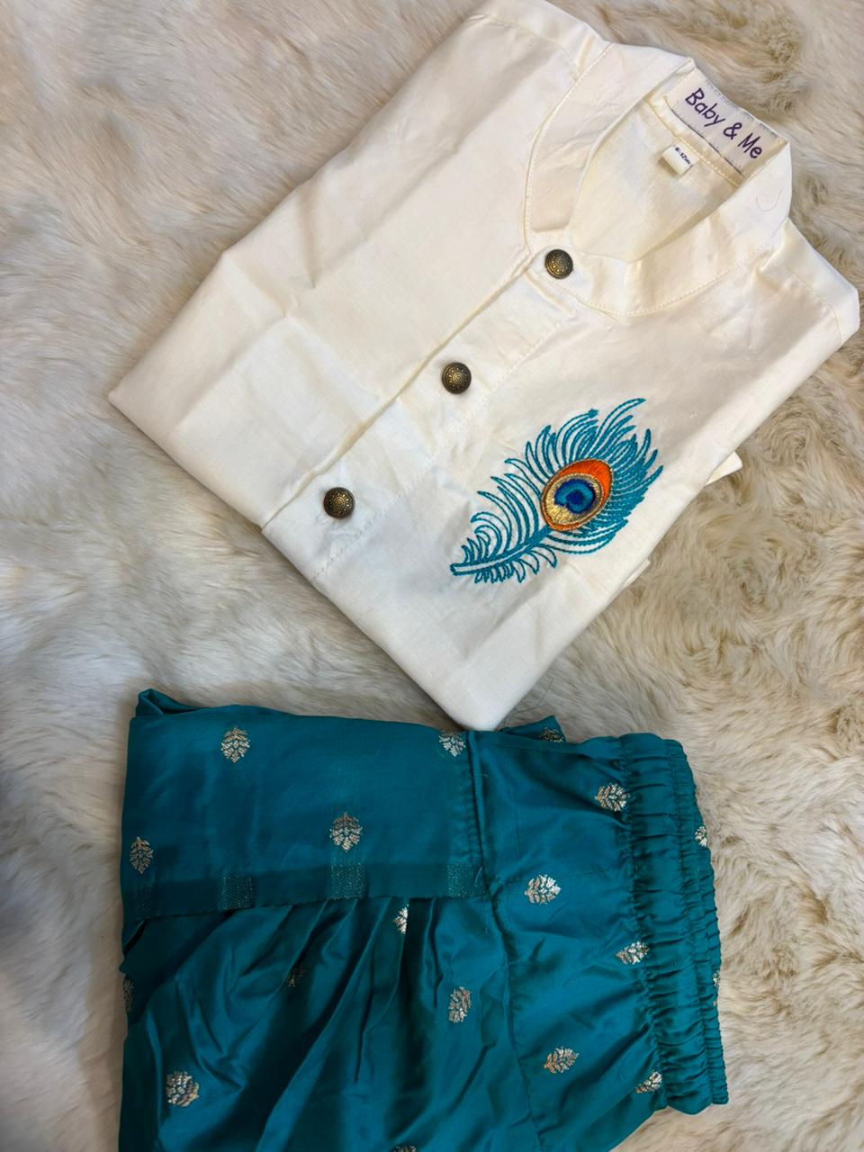 Baby Boy Krishna Dress - White and peacock blue feather embroidered kurta dhoti ethnic dress for baby boy