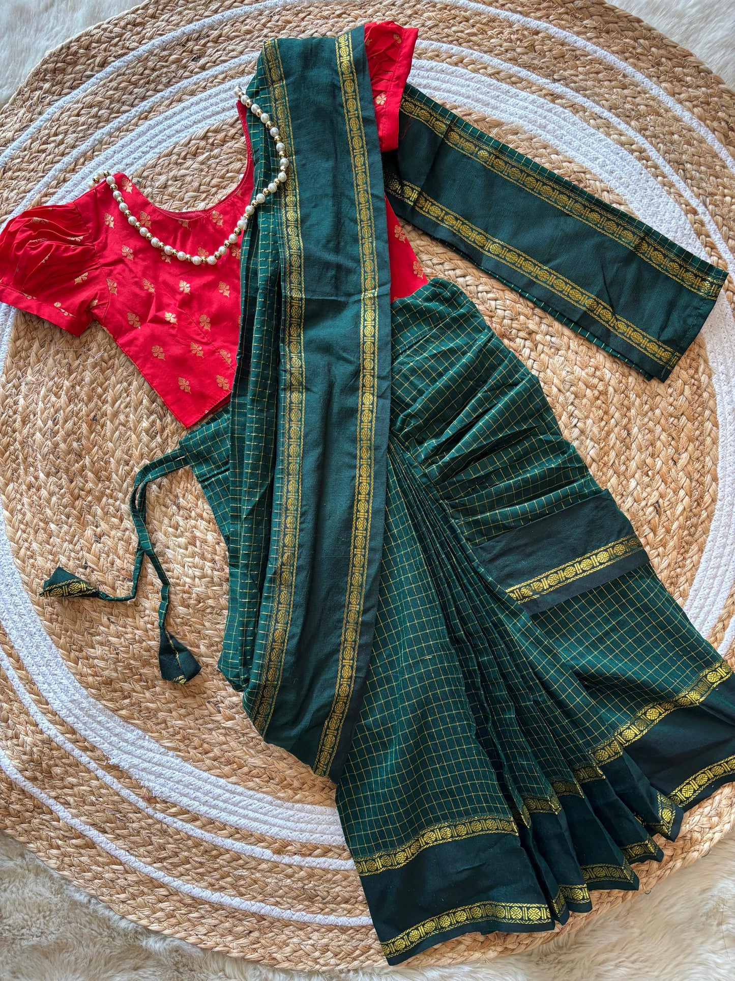 Bottle green and red  - Ready to wear muttukattam saree for kids Ethnic wear for baby girl