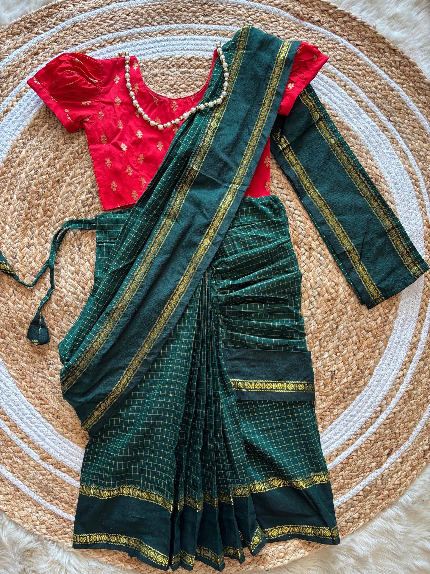 Bottle green and red  - Ready to wear muttukattam saree for kids Ethnic wear for baby girl