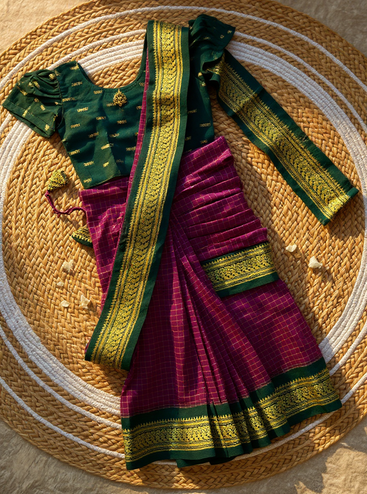 Checked Wine and bottle green- Ready to wear muttukattam saree for kids Ethnic wear for baby girl