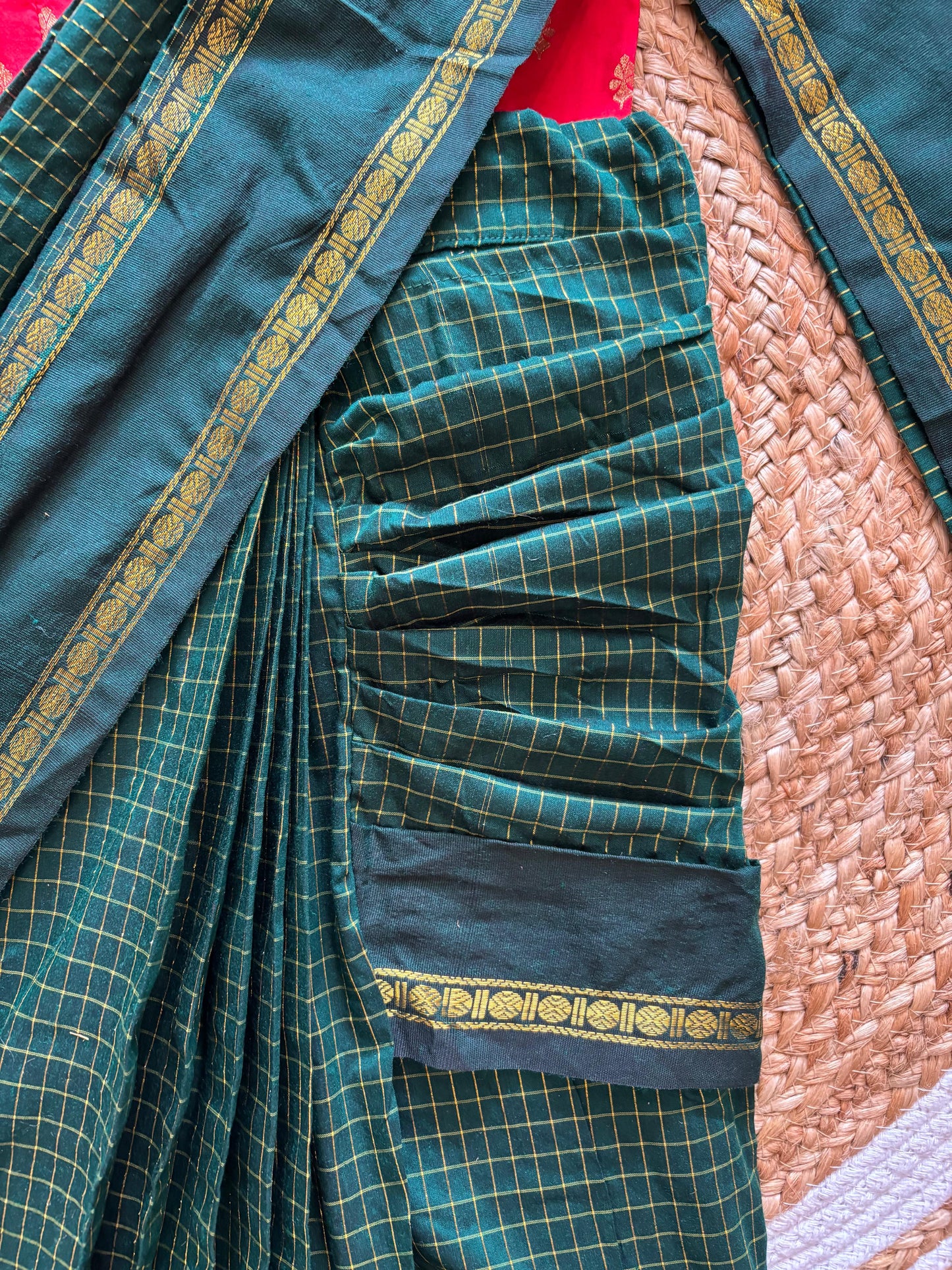 Bottle green and red  - Ready to wear muttukattam saree for kids Ethnic wear for baby girl