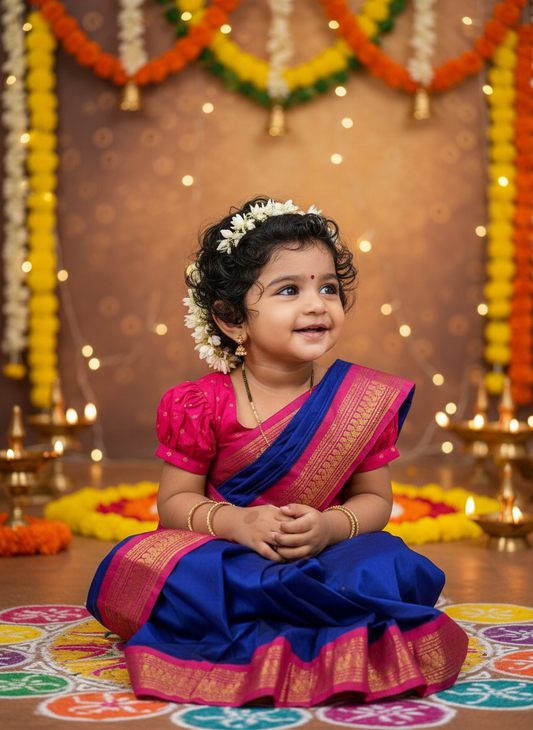 Royal blue  and Pink  - Ready to wear saree for kids Ethnic wear for baby girl
