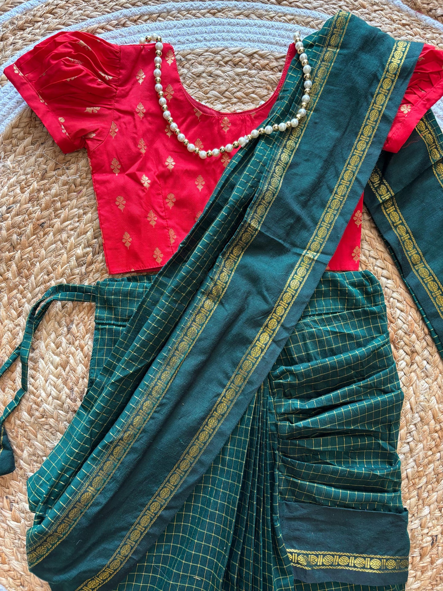 Bottle green and red  - Ready to wear muttukattam saree for kids Ethnic wear for baby girl