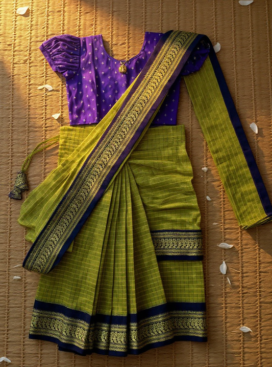 Lime green with purple checks - Ready to wear saree for kids Ethnic wear for baby girl