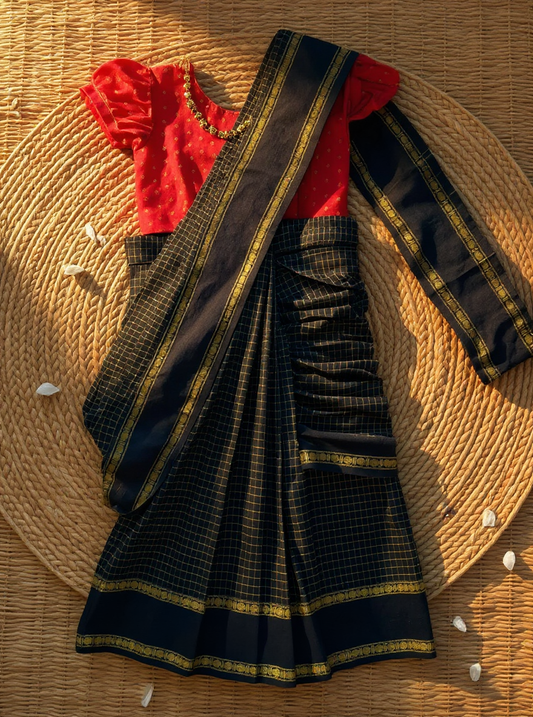 Red and black - Ready to wear muthukattam saree for kids Ethnic wear for baby girl