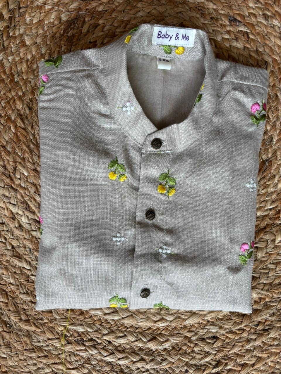 Pure Linen Grey and Bottle green red zari Kurta Dhoti for baby boy