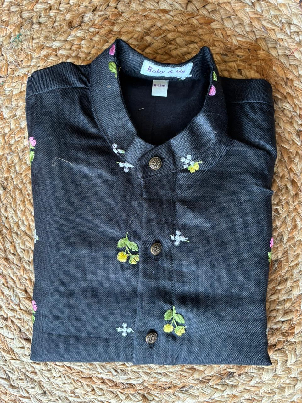 Pure Linen Black and Rusty orange Kurta Dhoti for baby boy