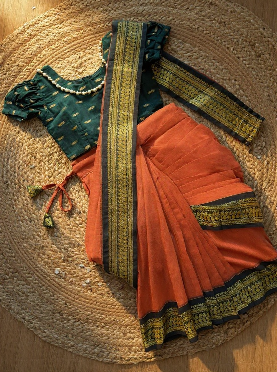 Bottle green and orange  - Ready to wear saree for kids Ethnic wear for baby girl