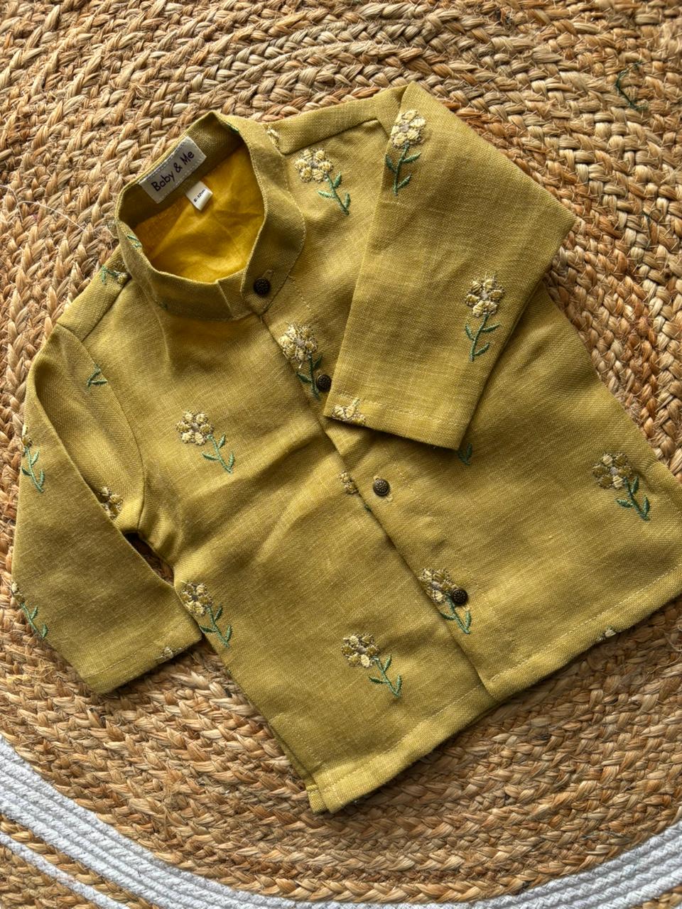 Pastel yellow Linen Kurta for baby boy ethnic top wear