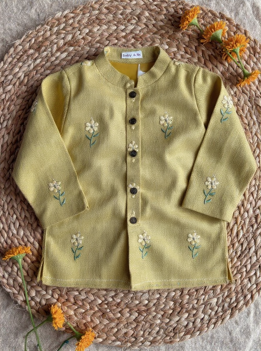 Pastel yellow Linen Kurta for baby boy ethnic top wear