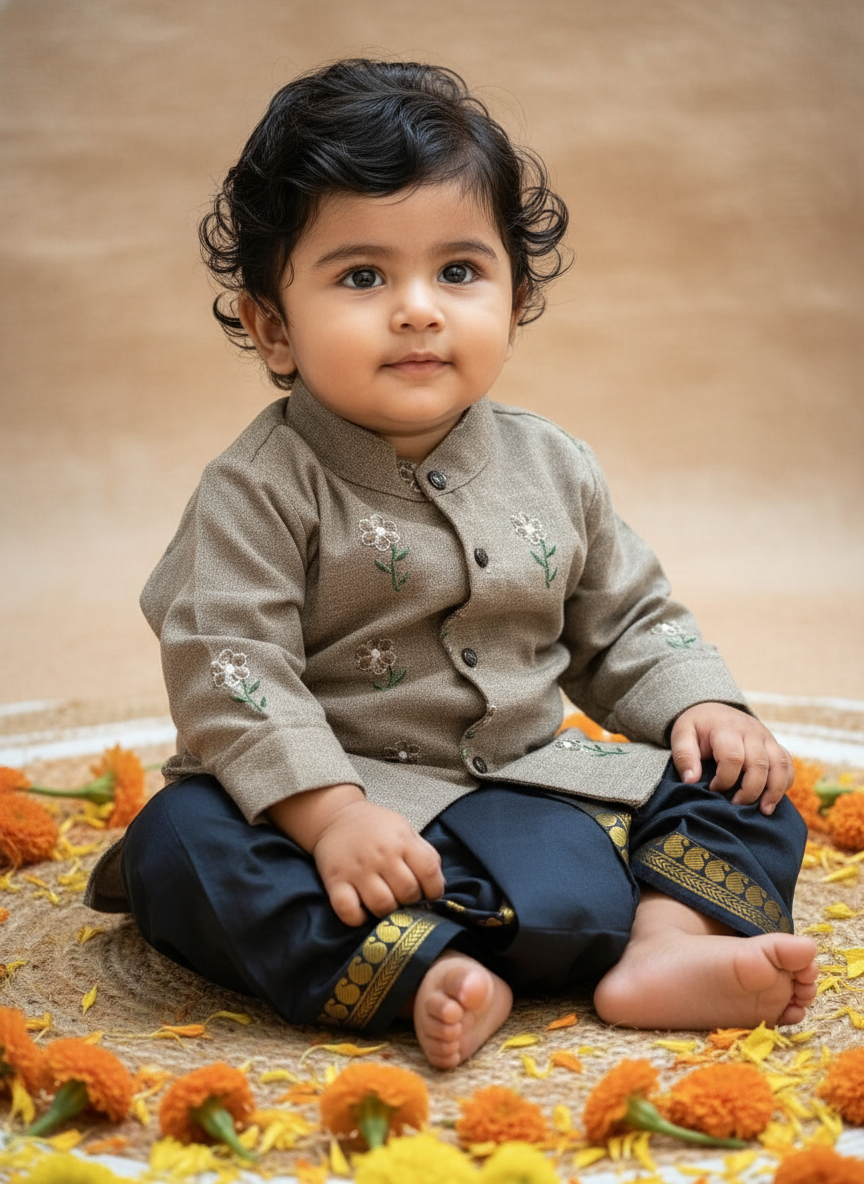 Grey Linen and black dhoti kurta for baby boy