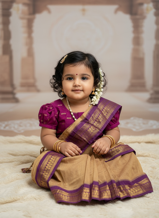 Golden hue and wine  - Ready to wear saree for kids Ethnic wear for baby girl