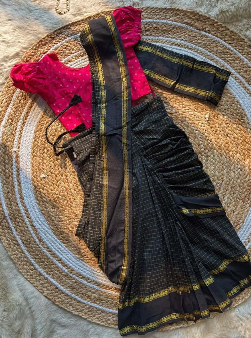 Checked Black and pink - Ready to wear muthukattam saree for kids Ethnic wear for baby girl