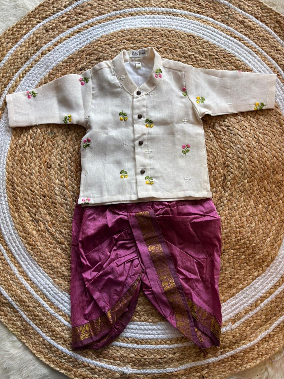 Pure Linen White with pink Kurta Dhoti for baby boy