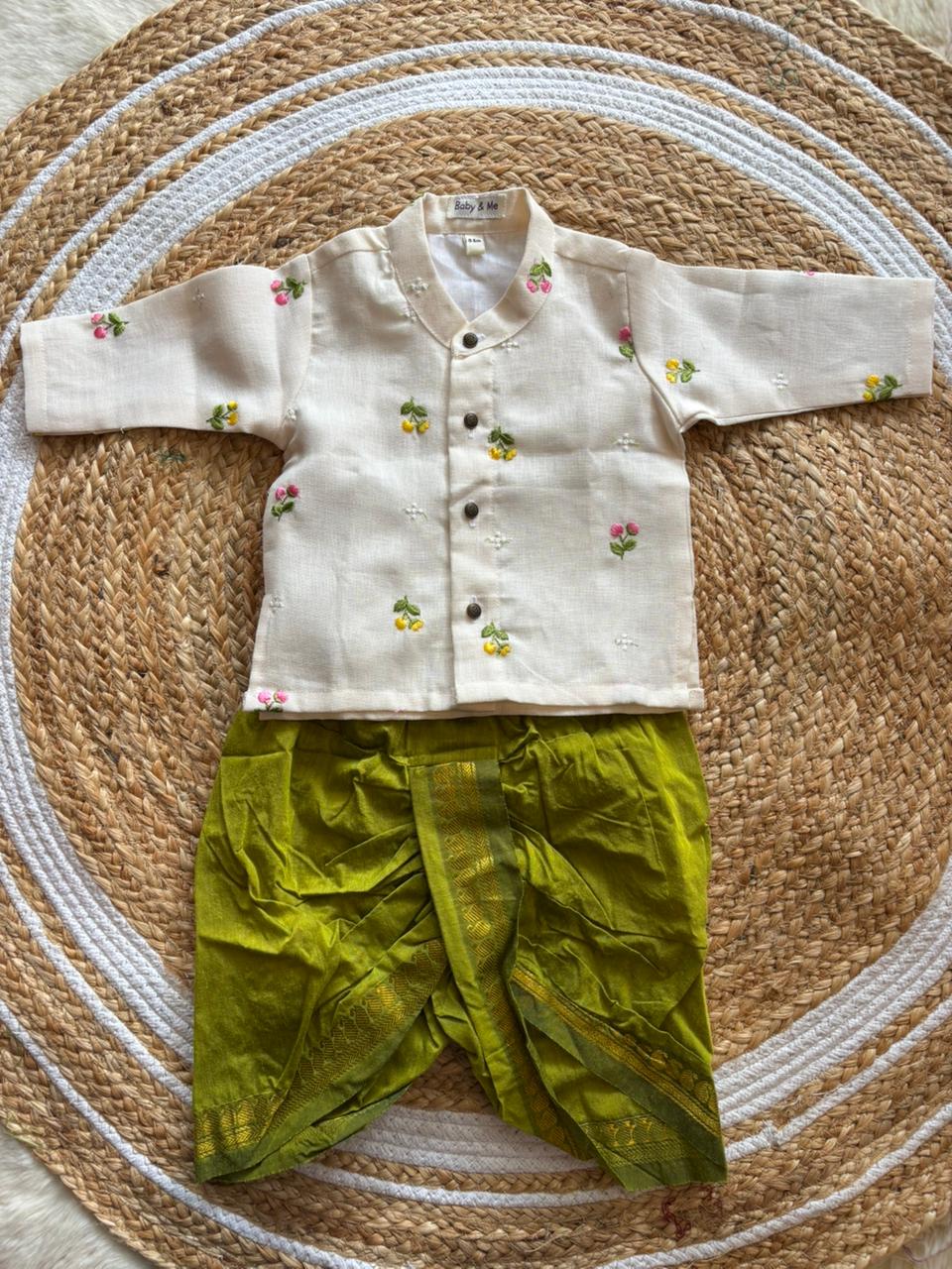 Pure Linen White with Green Kurta Dhoti for baby boy
