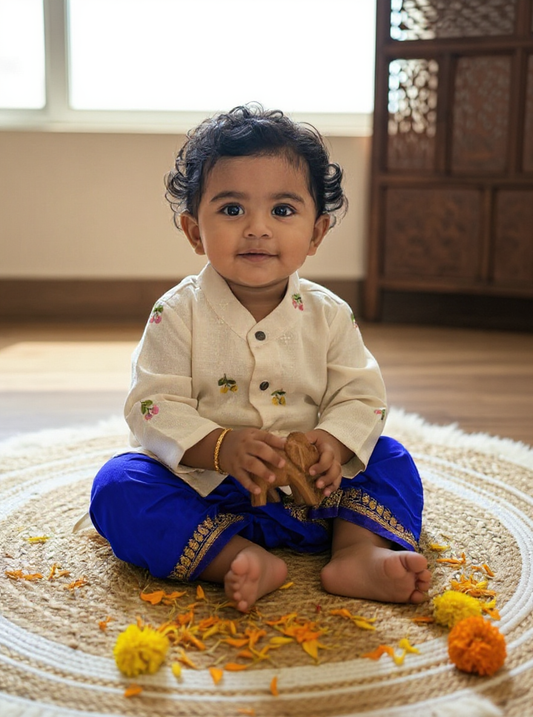Pure Linen White with royal blue Kurta Dhoti ethnic wear for baby boy