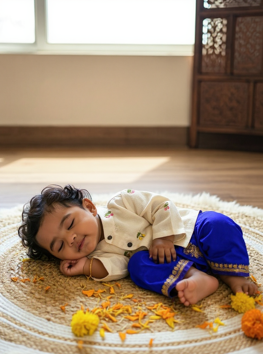 Pure Linen White with royal blue Kurta Dhoti ethnic wear for baby boy