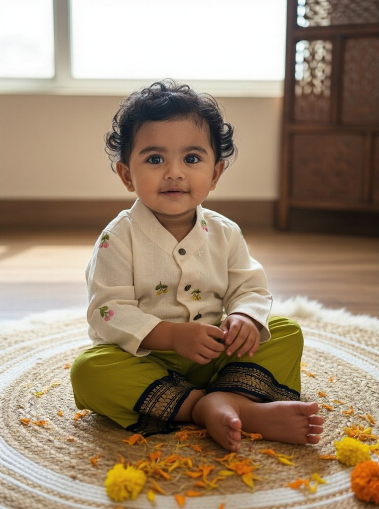 Pure Linen White and green Kurta Dhoti for baby boy
