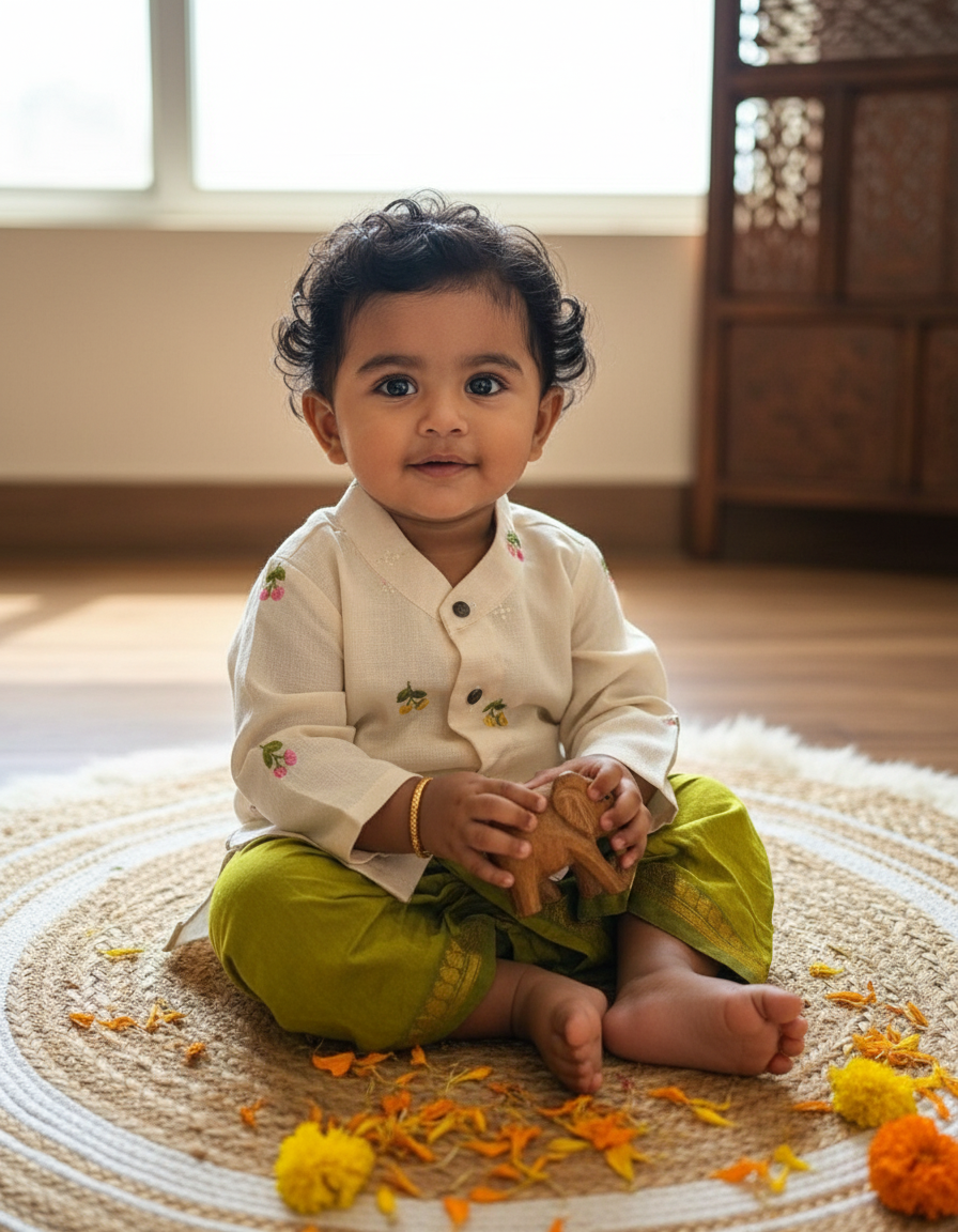 Pure Linen White with Green Kurta Dhoti for baby boy