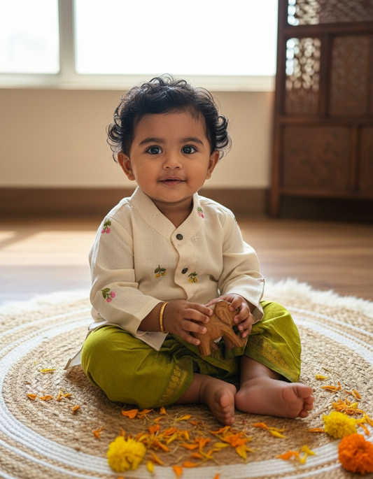 Pure Linen White with Green Kurta Dhoti for baby boy