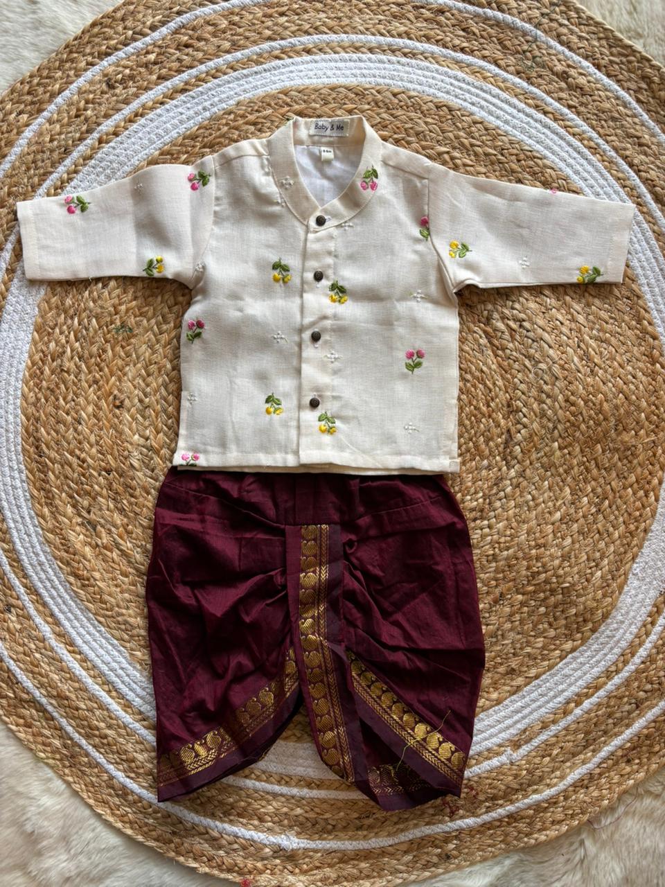 Pure Linen White and Maroon Kurta Dhoti for baby boy