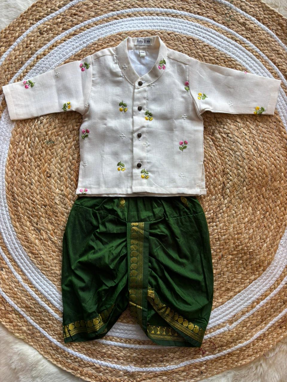 Pure Linen White and Bottle green Kurta Dhoti for baby boy
