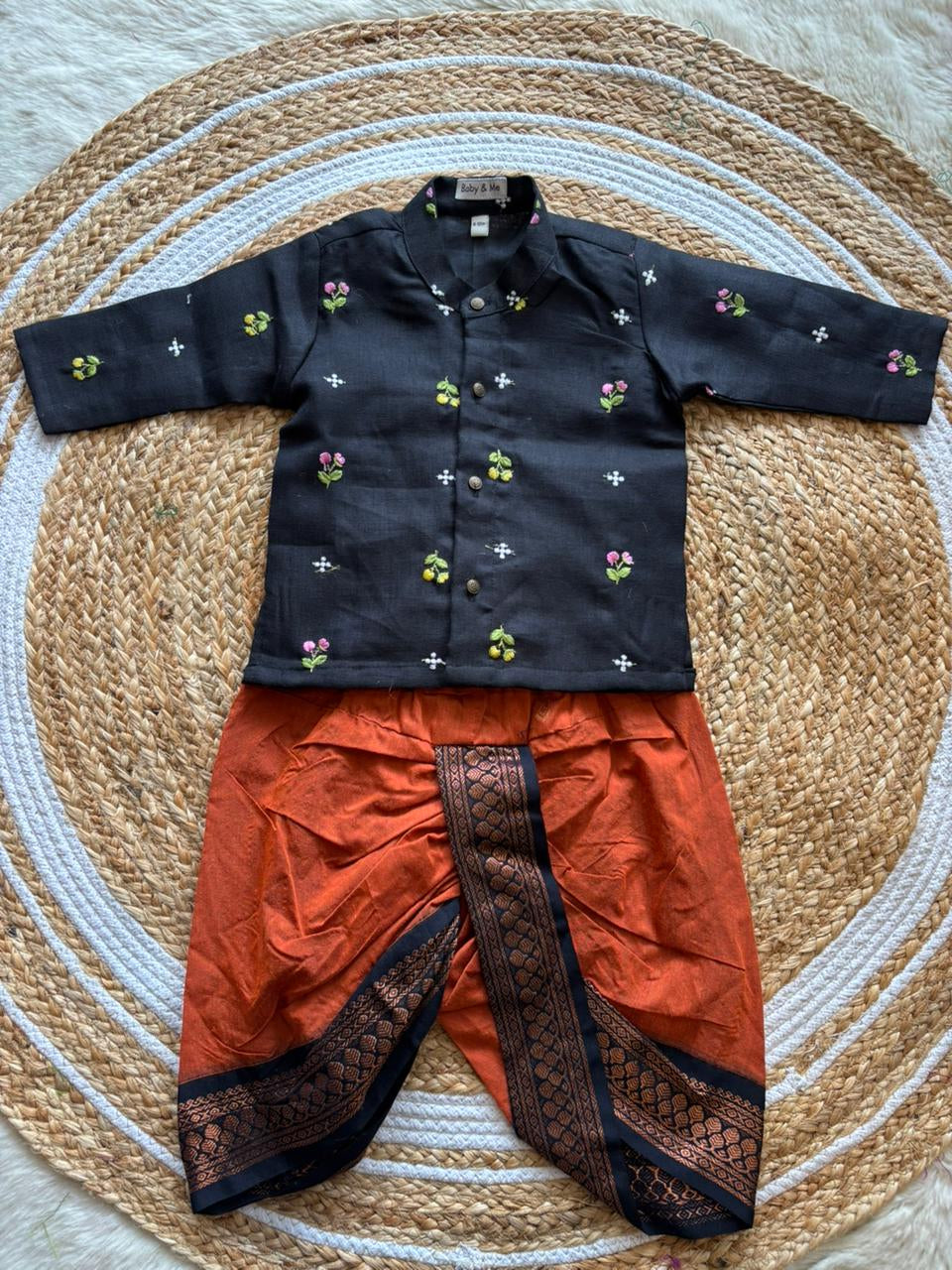 Pure Linen Black and Rusty orange Kurta Dhoti for baby boy