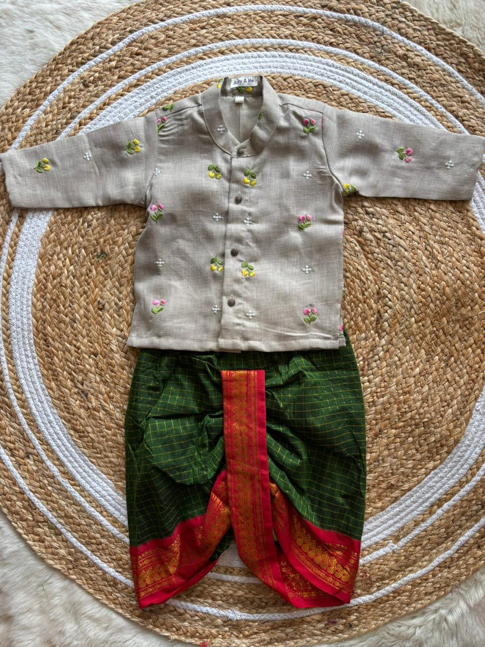 Pure Linen Grey and Bottle green red zari Kurta Dhoti for baby boy