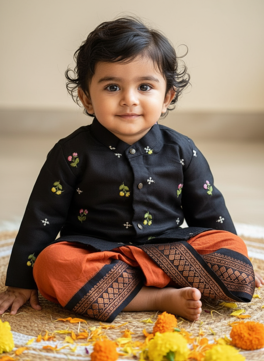 Pure Linen Black and Rusty orange Kurta Dhoti for baby boy