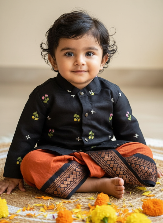 Pure Linen Black and Rusty orange Kurta Dhoti for baby boy