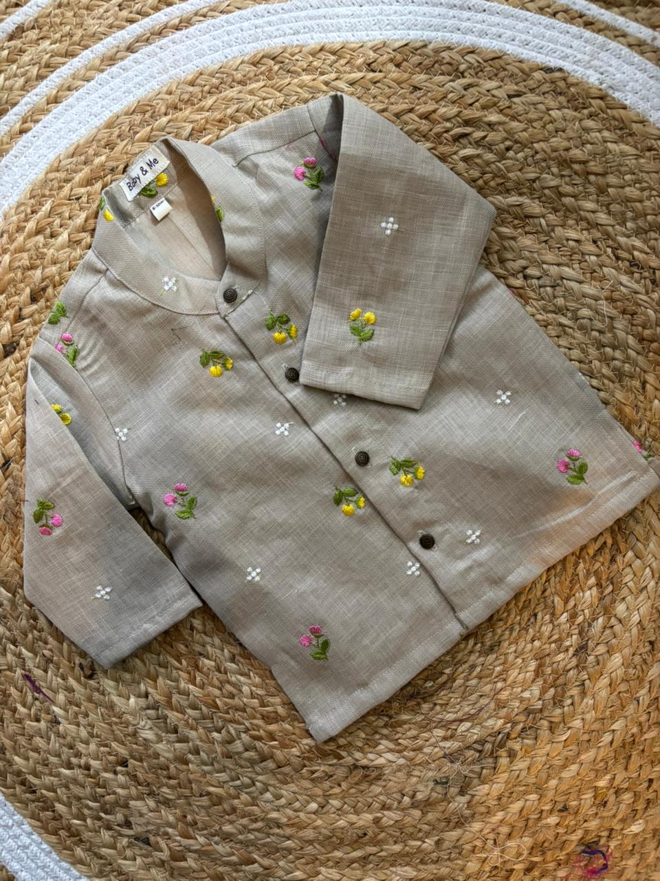 Pure Linen Grey and Bottle green red zari Kurta Dhoti for baby boy