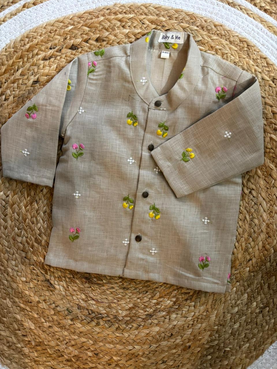 Pure Linen Grey and Bottle green red zari Kurta Dhoti for baby boy