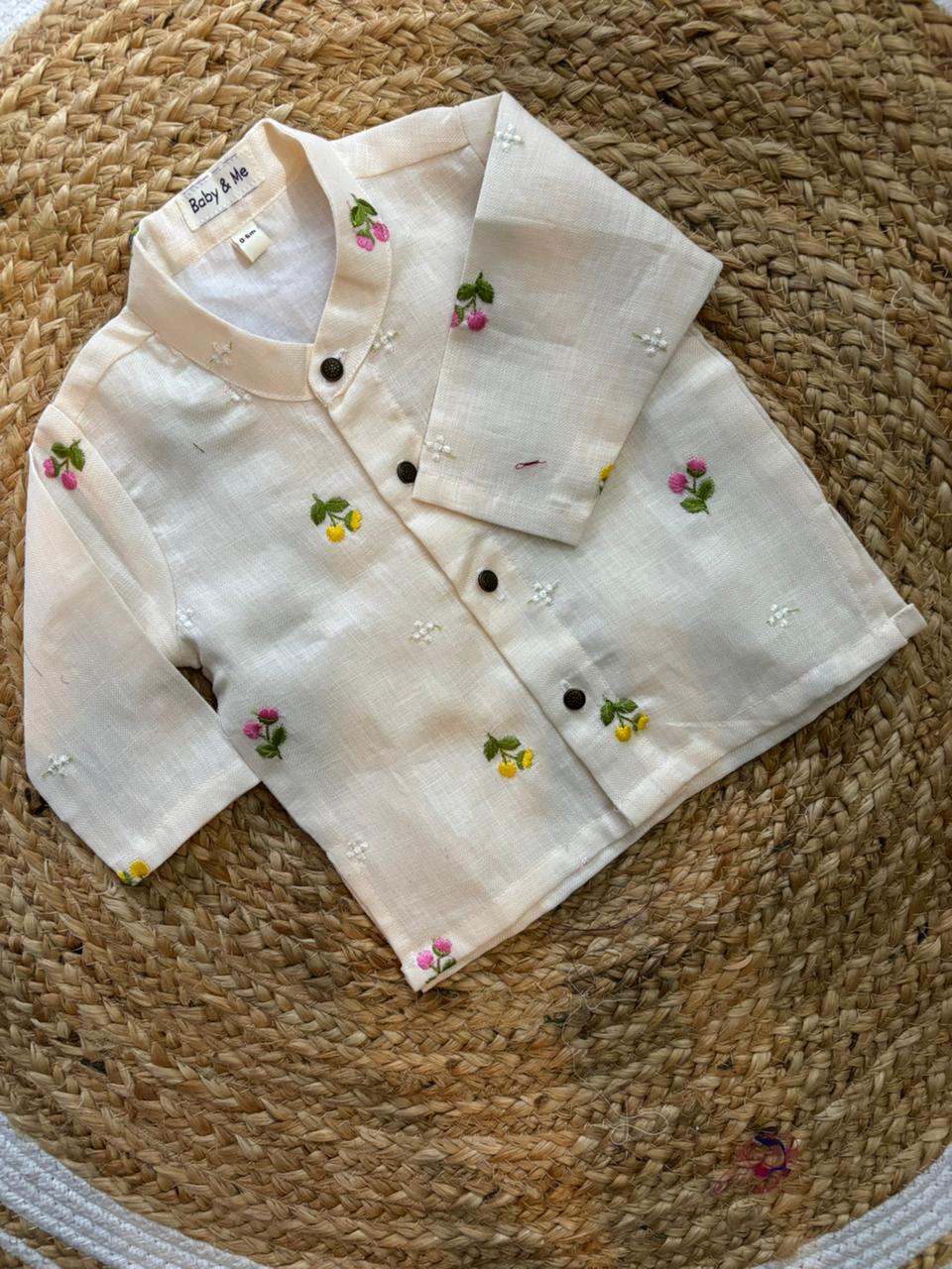 Pure Linen White with pink Kurta Dhoti for baby boy