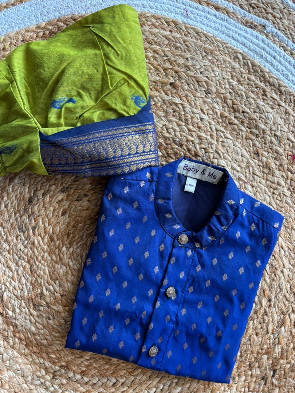 Light green and navy blue embroidered kurta dhoti ethnic dress for baby boy