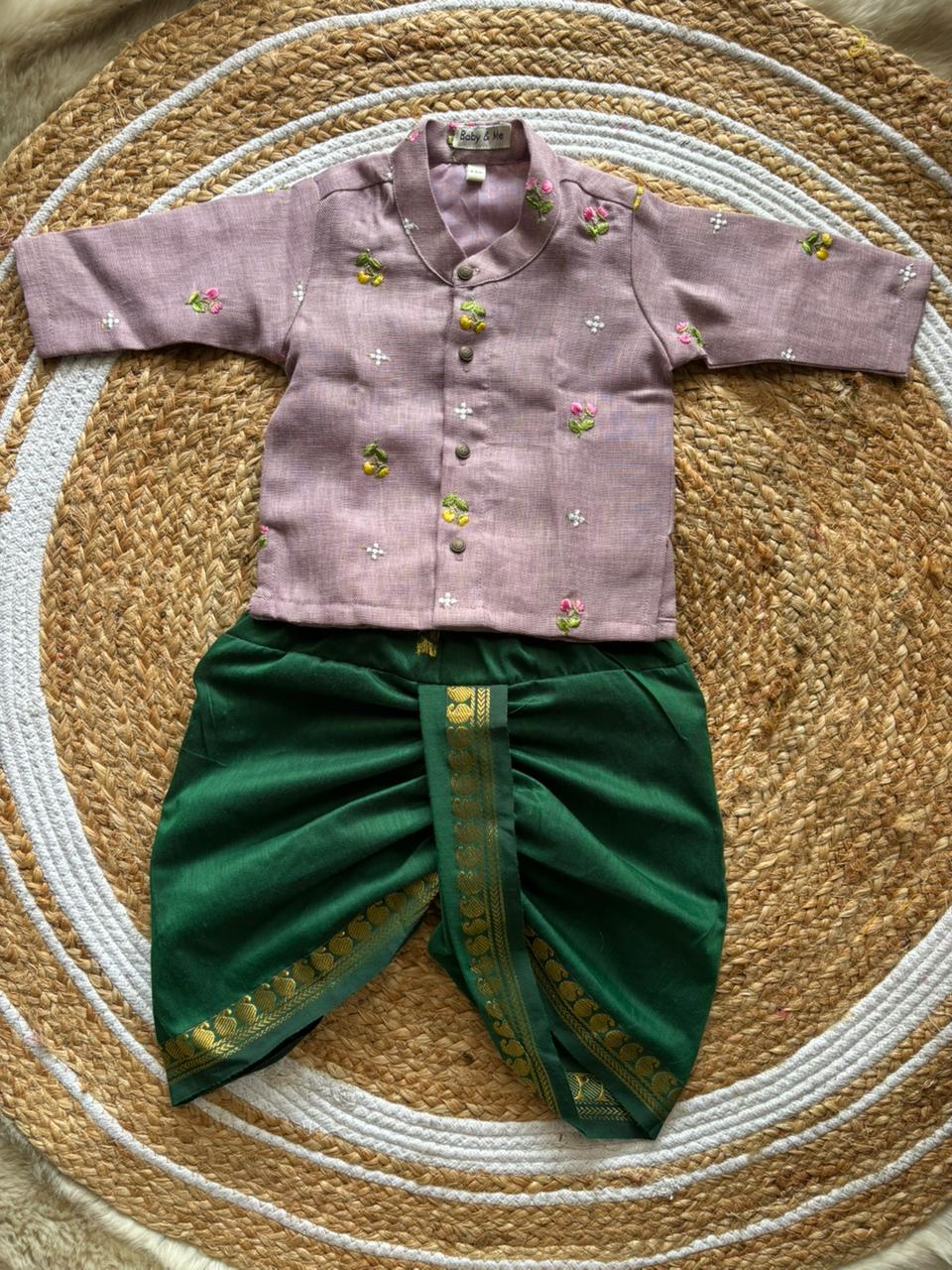 Pure Linen Lavender and Bottle green Kurta Dhoti