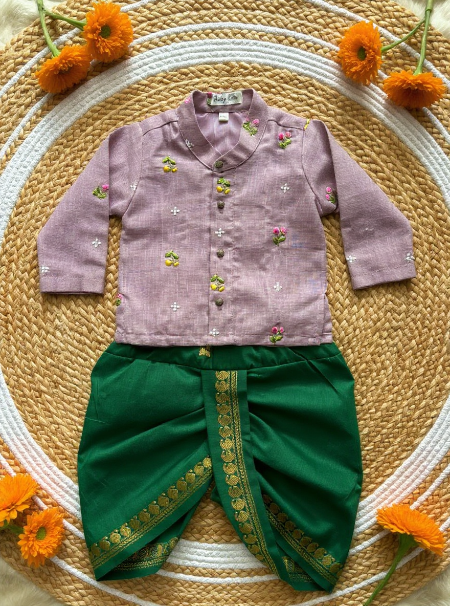 Pure Linen Lavender and Bottle green Kurta Dhoti ethnic wear for baby boy