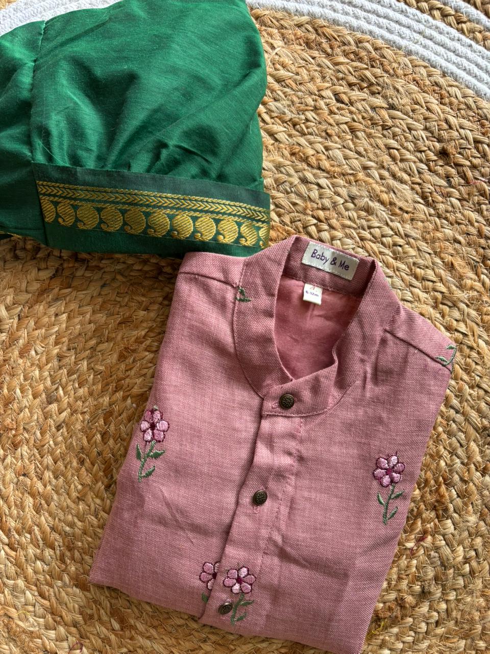 Pure Linen Pastel pink with Bottle Green Kurta Dhoti for baby boy