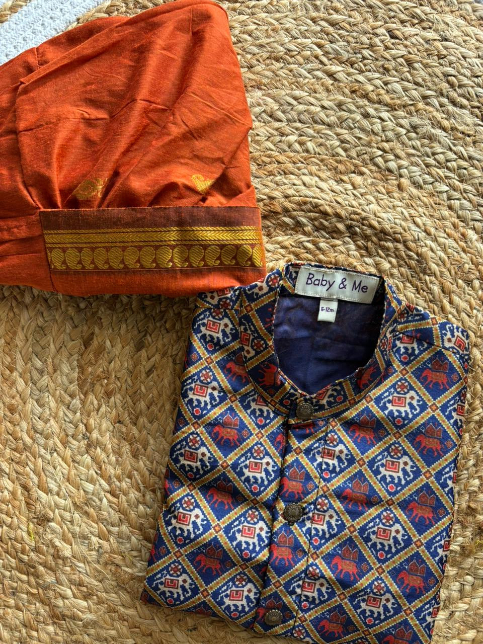 Traditional Indian Patola Style Navy blue and frutiy Orange Silk Dhoti Kurta for Boy | Ethnic wear for baby boy