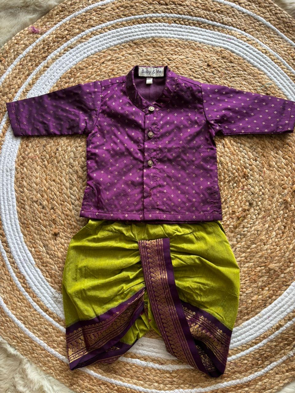 Wine and green traditional weave south Indian ethnic wear for baby boy