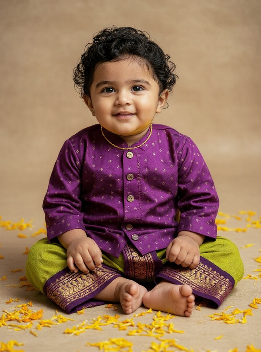 Wine and green traditional weave south Indian ethnic wear for baby boy