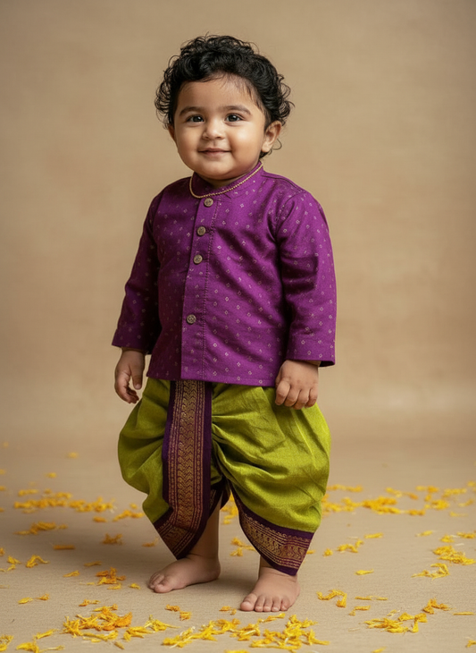 Wine and green traditional weave south Indian ethnic wear for baby boy