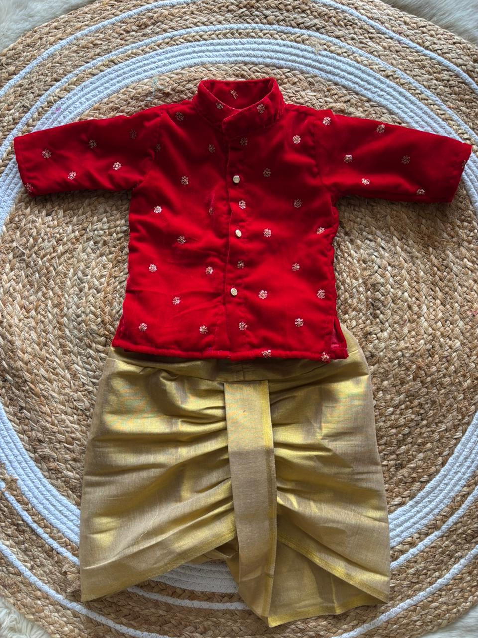 Velvet red and gold color kurta dhoti ethnic wear for baby boy