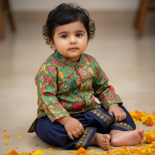 Traditional Indian Kalamkari Musk Lorikeet green Silk Dhoti Kurta for Baby Boys | Ethnic wear for boys