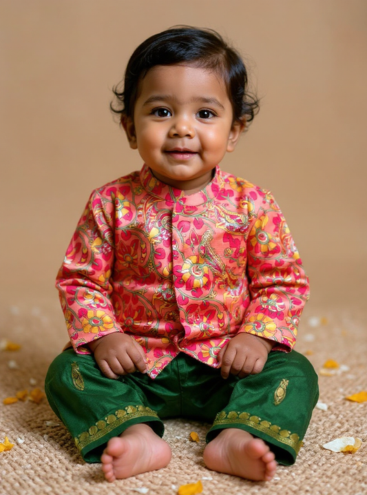 Traditional Indian Ancient Kalamkari Semi - Silk Kurta with Green Dhoti Set boy ethnic wear