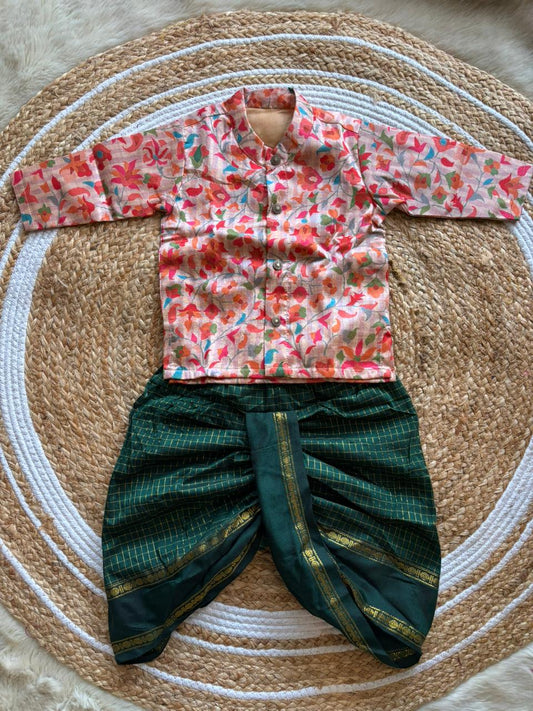 Traditional Indian Multi floral Autumn with Bottle green checks kurta dhoti baby boy ethnic wear