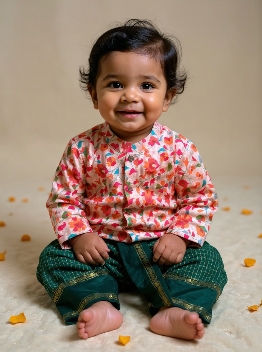 Traditional Indian Multi floral Autumn with Bottle green checks kurta dhoti baby boy ethnic wear