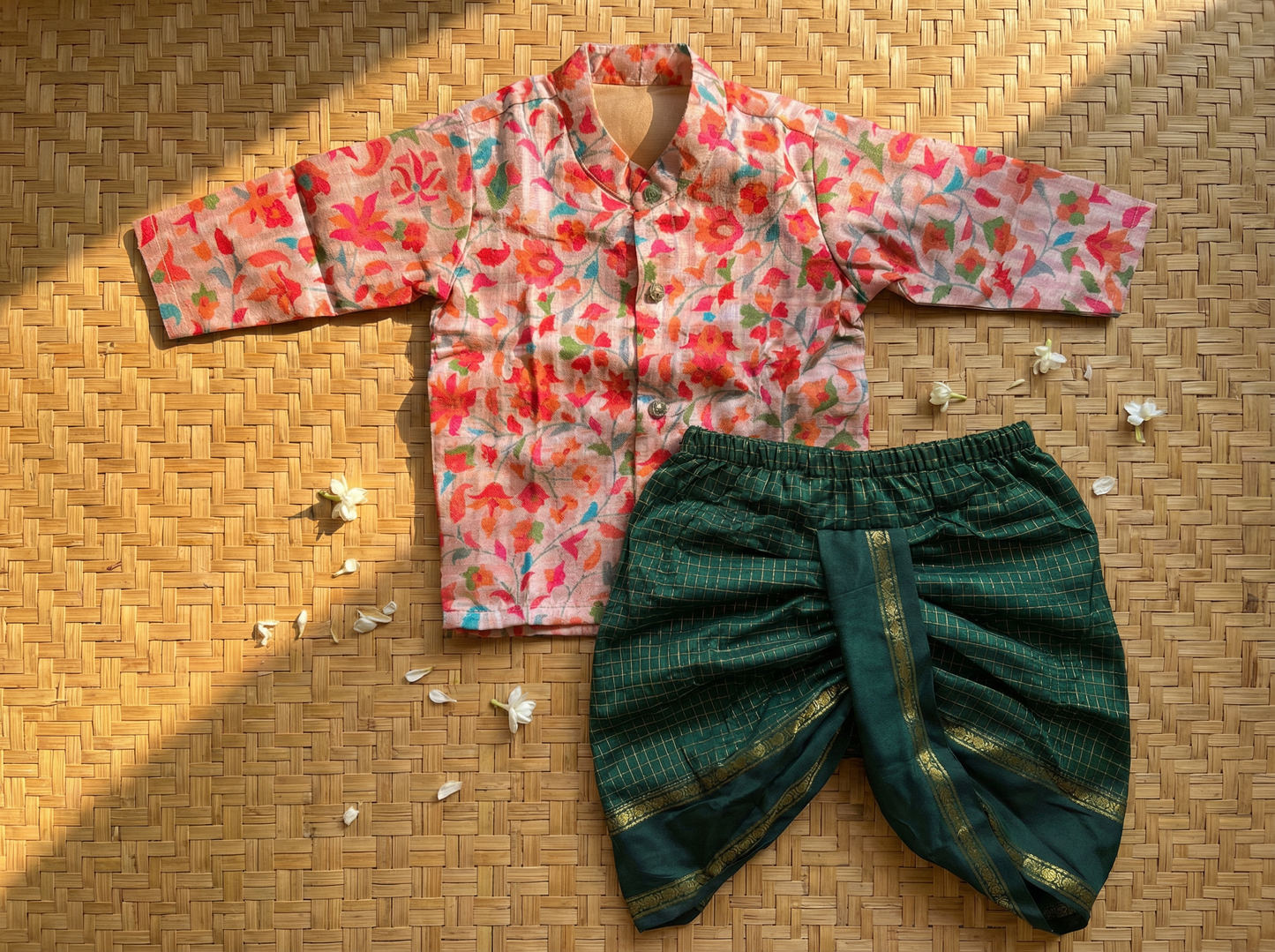 Traditional Indian Multi floral Autumn with Bottle green checks kurta dhoti baby boy ethnic wear