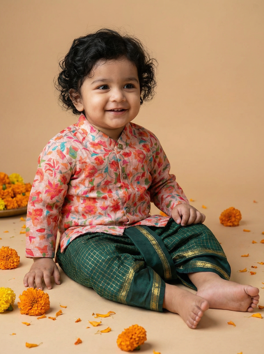 Traditional Indian Multi floral Autumn with Bottle green checks kurta dhoti baby boy ethnic wear