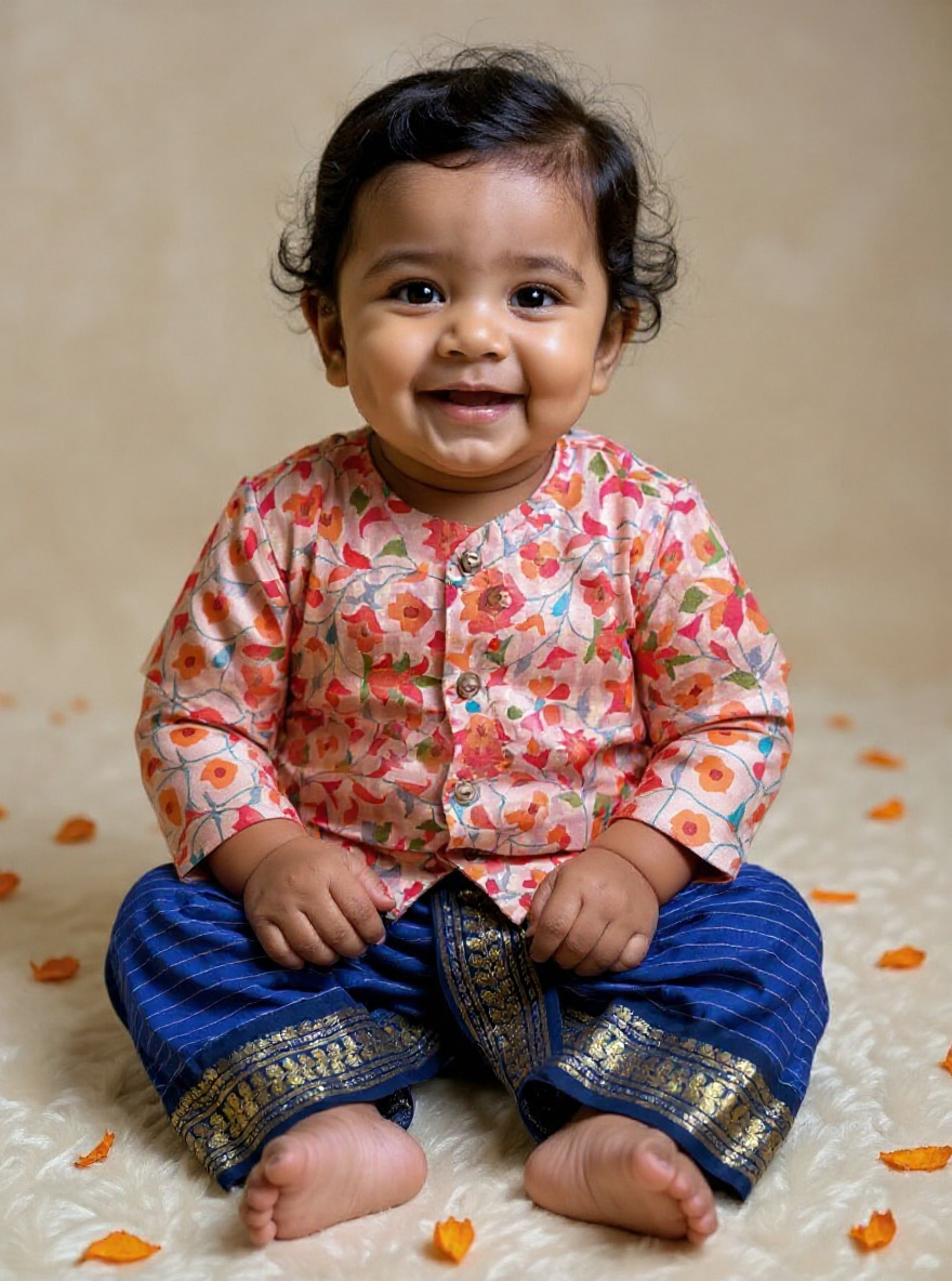 Traditional Indian Multi floral Autumn with blue checks kurta dhoti baby boy ethnic wear